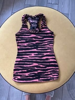 Self Esteem Zebra Print Razorback Ruffled Tank Sz S Boho Fairy Grunge Twee Y2K